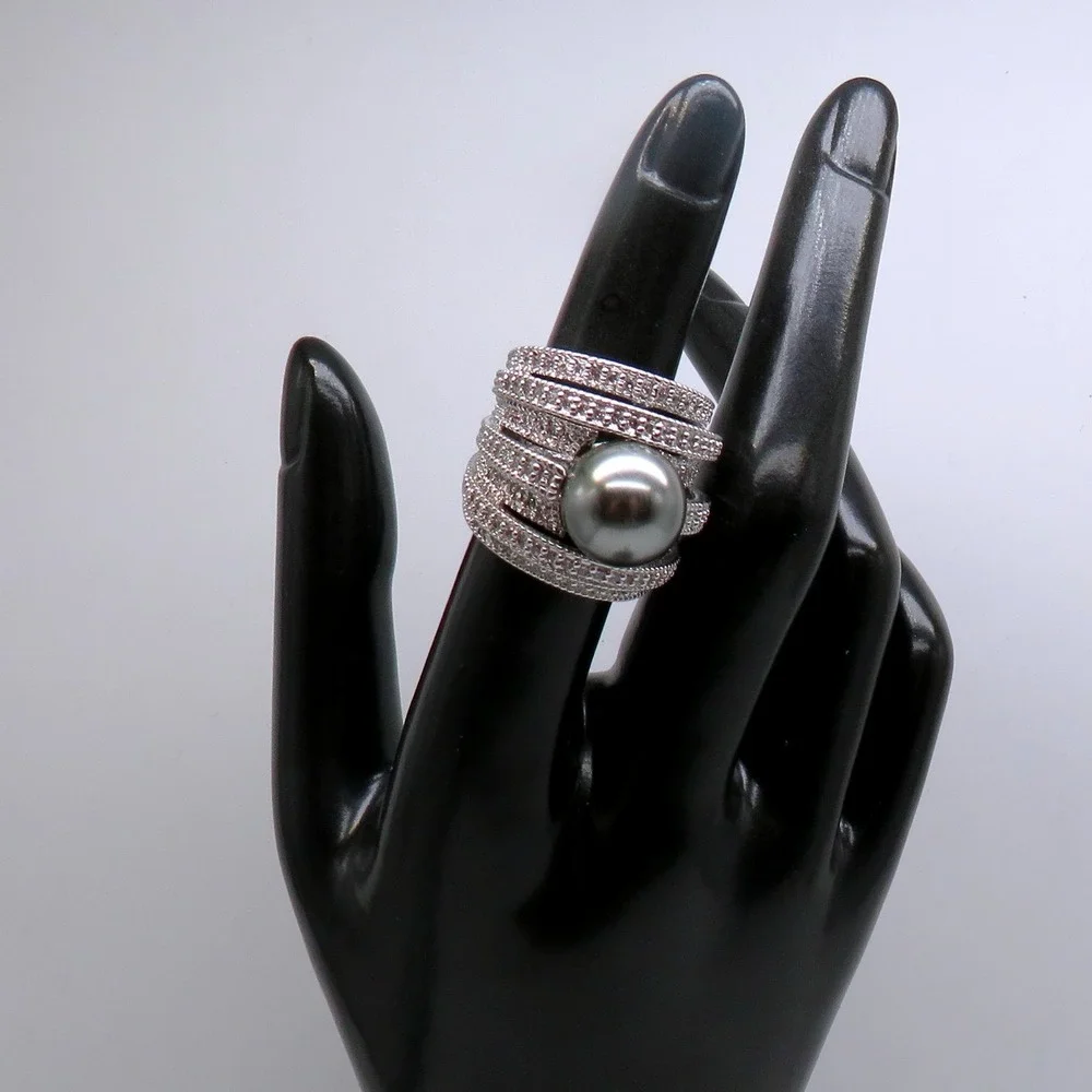 Wide Multi Row Pave Rhinestone Faux Grey Pearl Statement Ring Size 5 Silver Tone